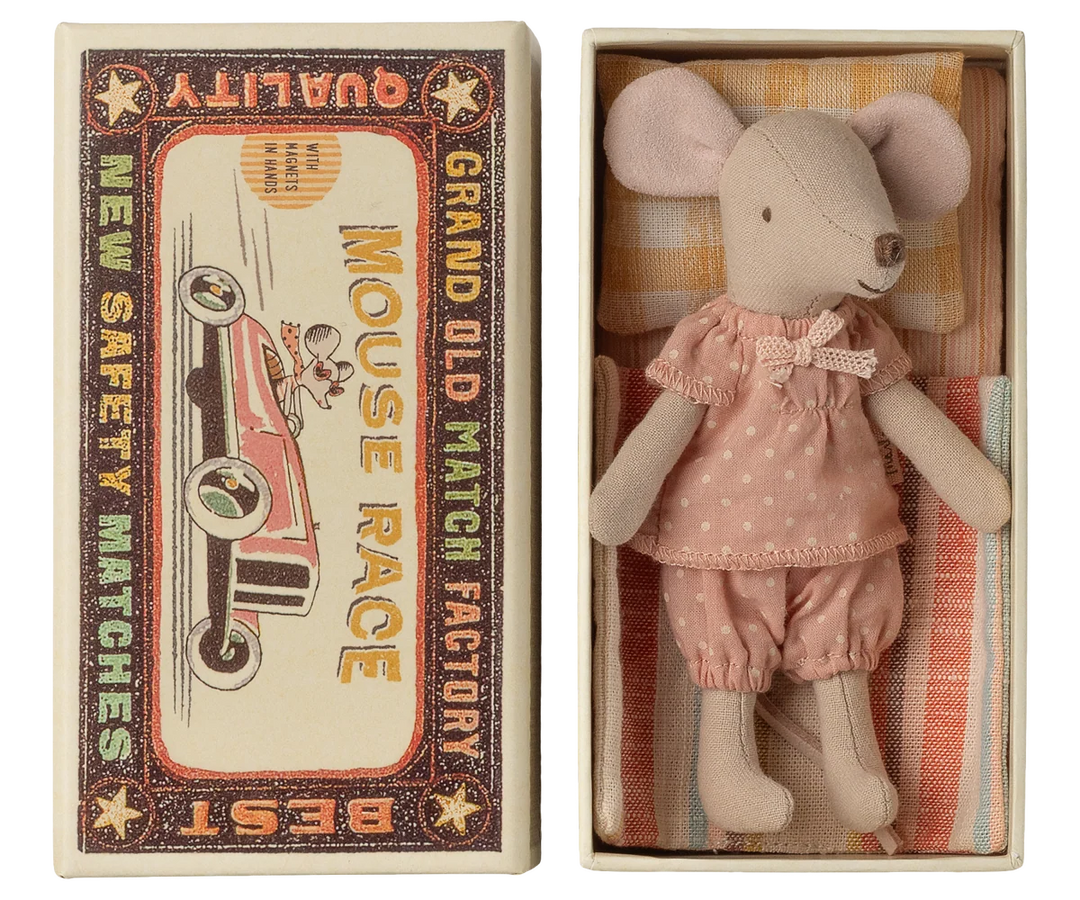 Maileg Big Sister Mouse with soft bedding in classic matchbox bed