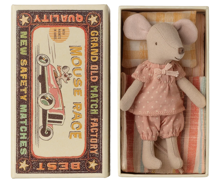 Maileg Big Sister Mouse with soft bedding in classic matchbox bed