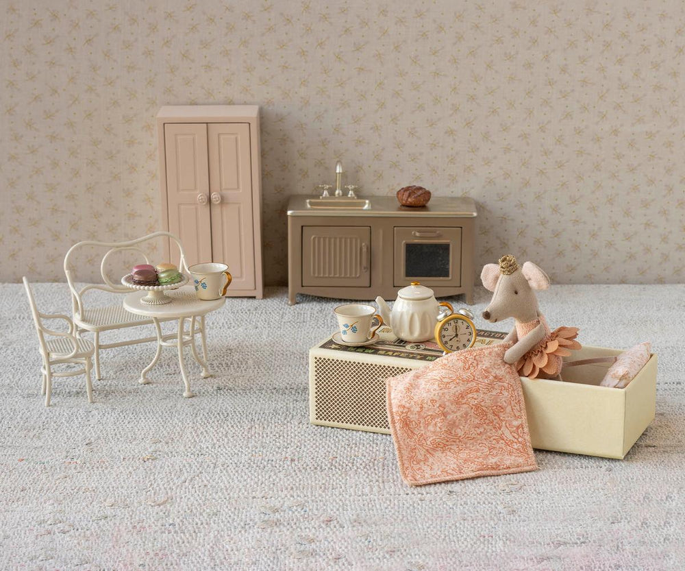 Maileg small mouse café set in off white with miniature metal table, chair and bench
