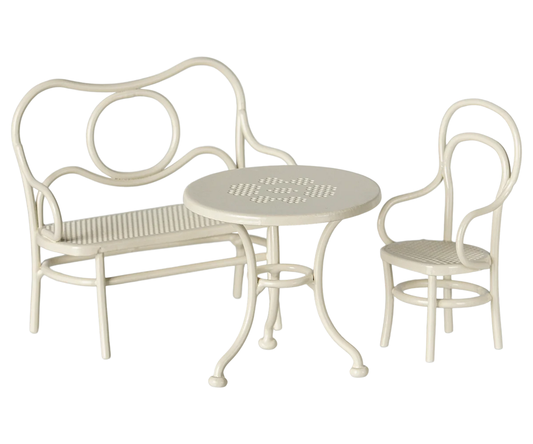 Maileg small mouse café set in off white with miniature metal table, chair and bench