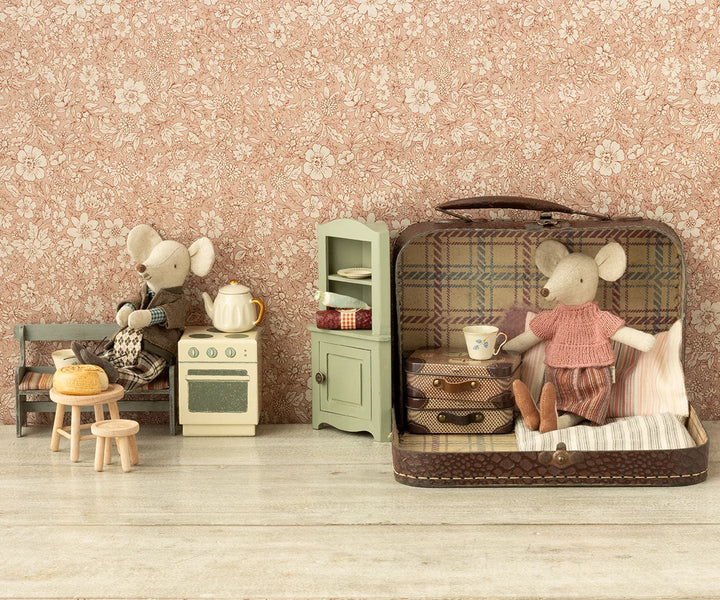 Maileg light green corner cabinet for mouse house made from wood and metal with vintage finish