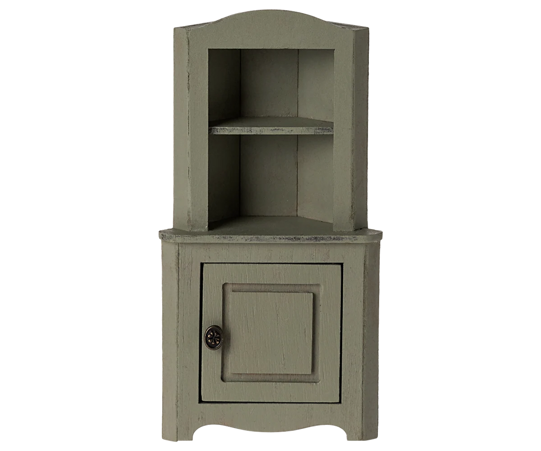 Maileg light green corner cabinet for mouse house made from wood and metal with vintage finish