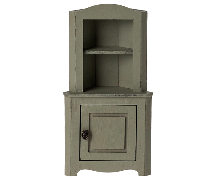 Maileg light green corner cabinet for mouse house made from wood and metal with vintage finish