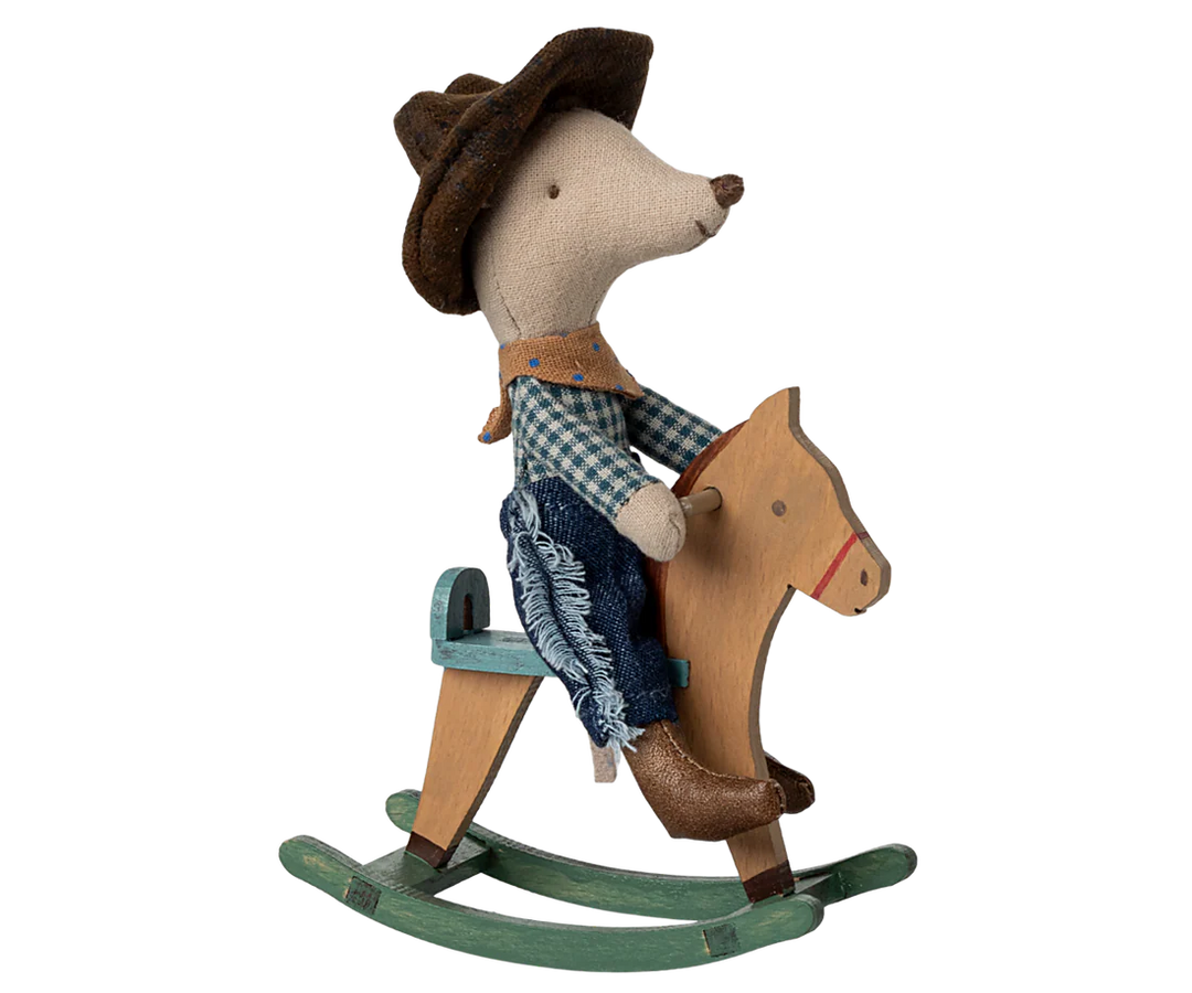 Maileg Cowboy Mouse on Rocking Horse – Little Brother – birds-nbees