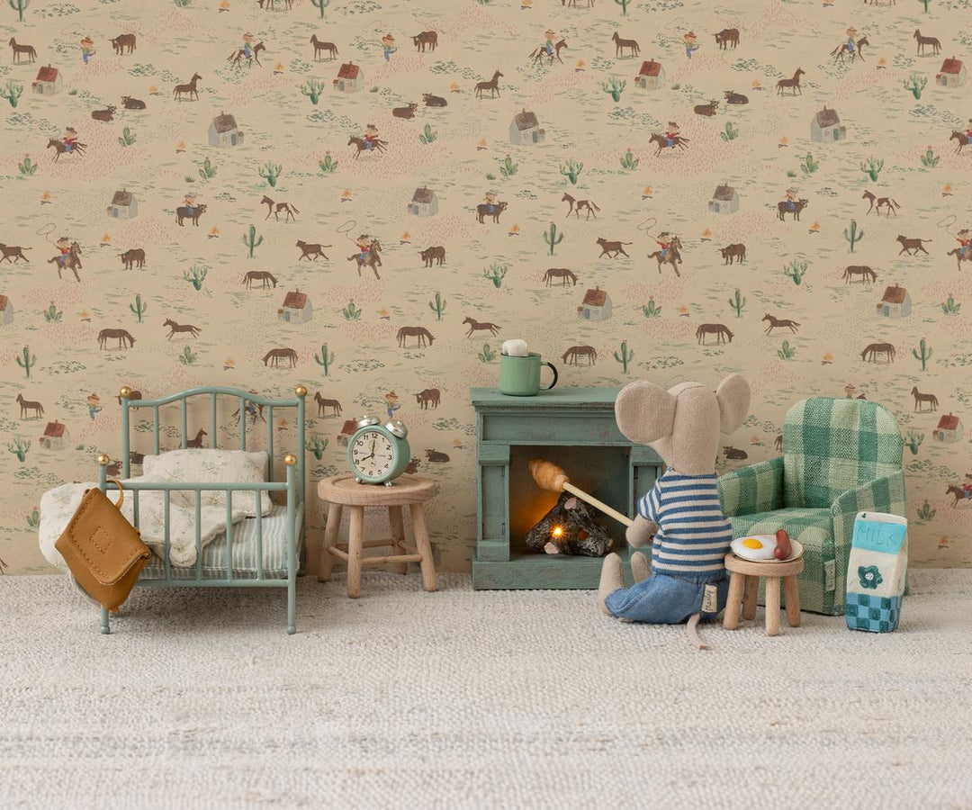 Maileg Mouse blue miniature wooden fireplace with vintage finish and light-up detail for dollhouse play