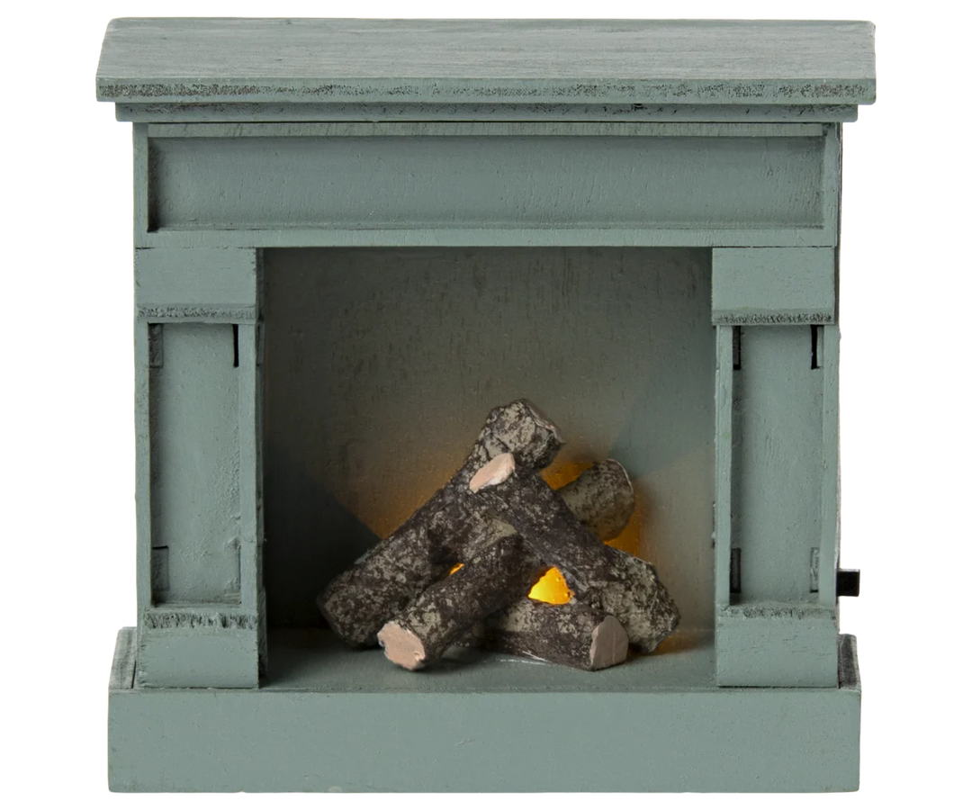 Maileg Mouse blue miniature wooden fireplace with vintage finish and light-up detail for dollhouse play