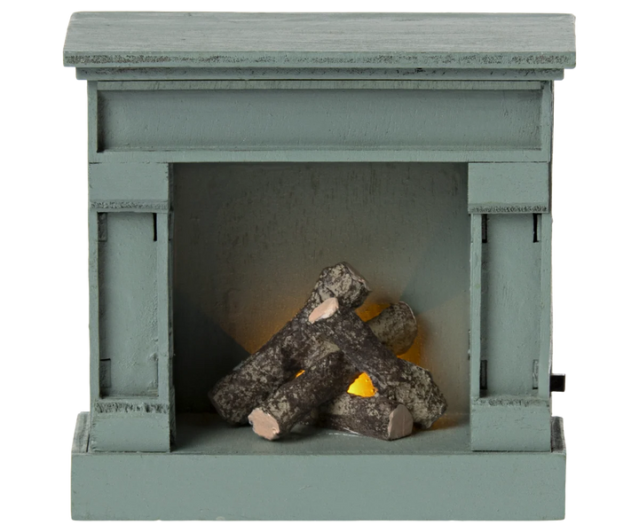 Maileg Mouse blue miniature wooden fireplace with vintage finish and light-up detail for dollhouse play