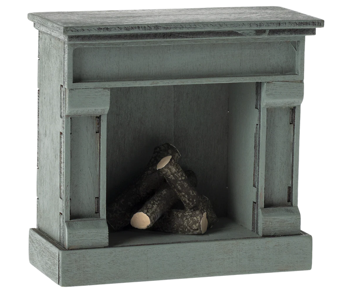 Maileg Mouse blue miniature wooden fireplace with vintage finish and light-up detail for dollhouse play