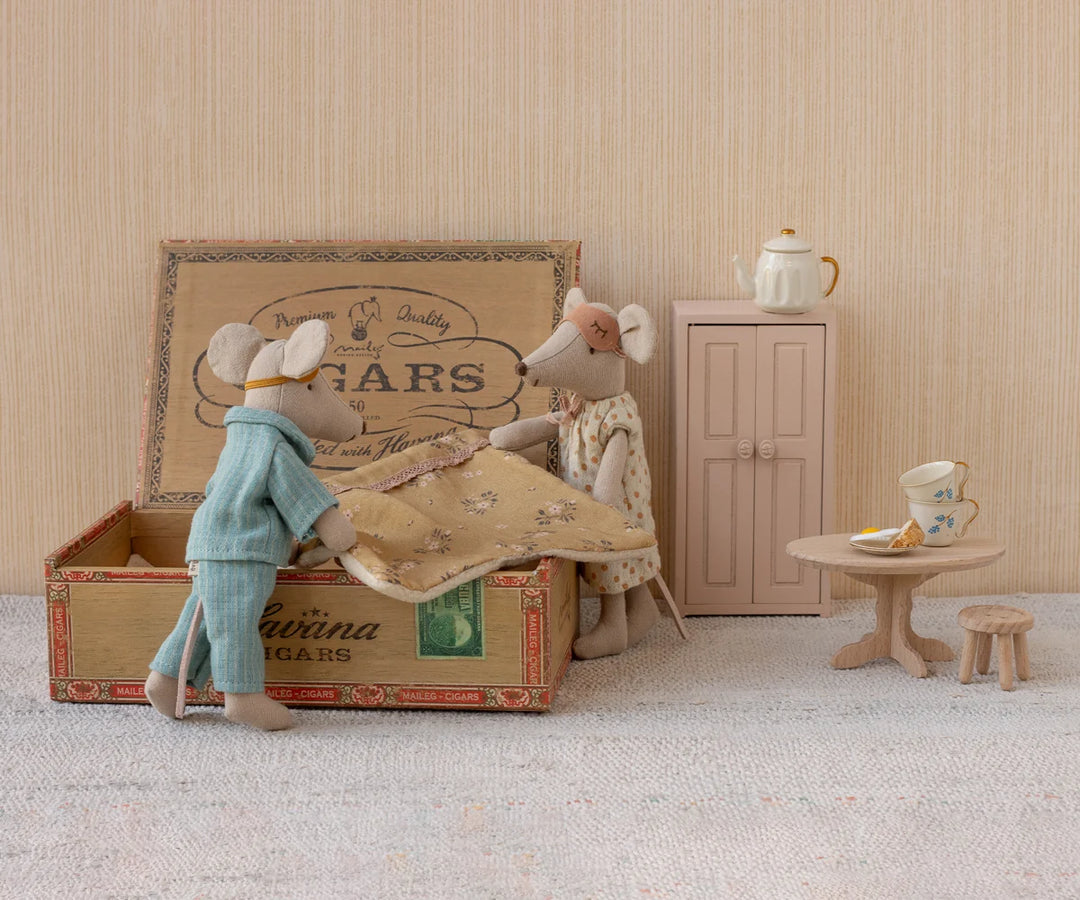 Maileg Mum and Dad mice in nightwear with eye masks and cigarbox bed