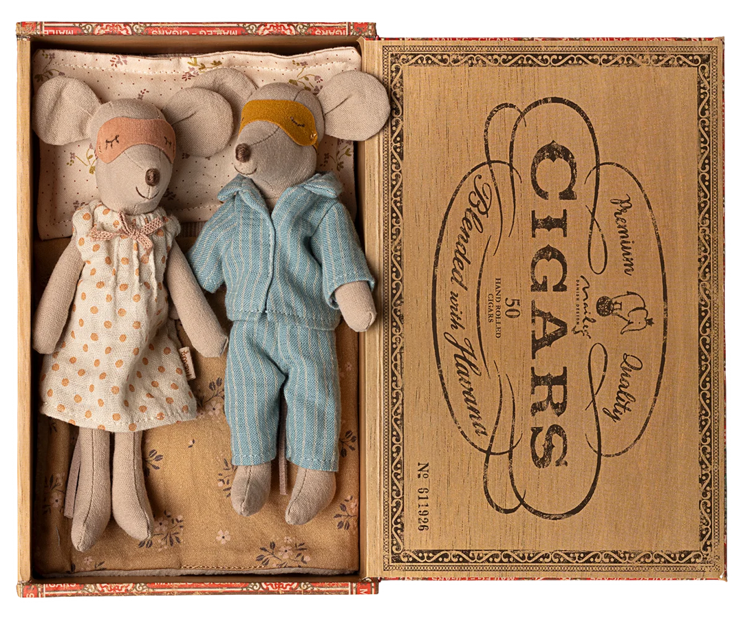 Maileg Mum and Dad mice in nightwear with eye masks and cigarbox bed