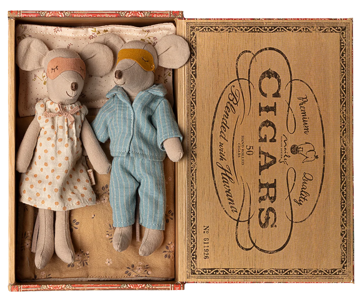Maileg Mum and Dad mice in nightwear with eye masks and cigarbox bed