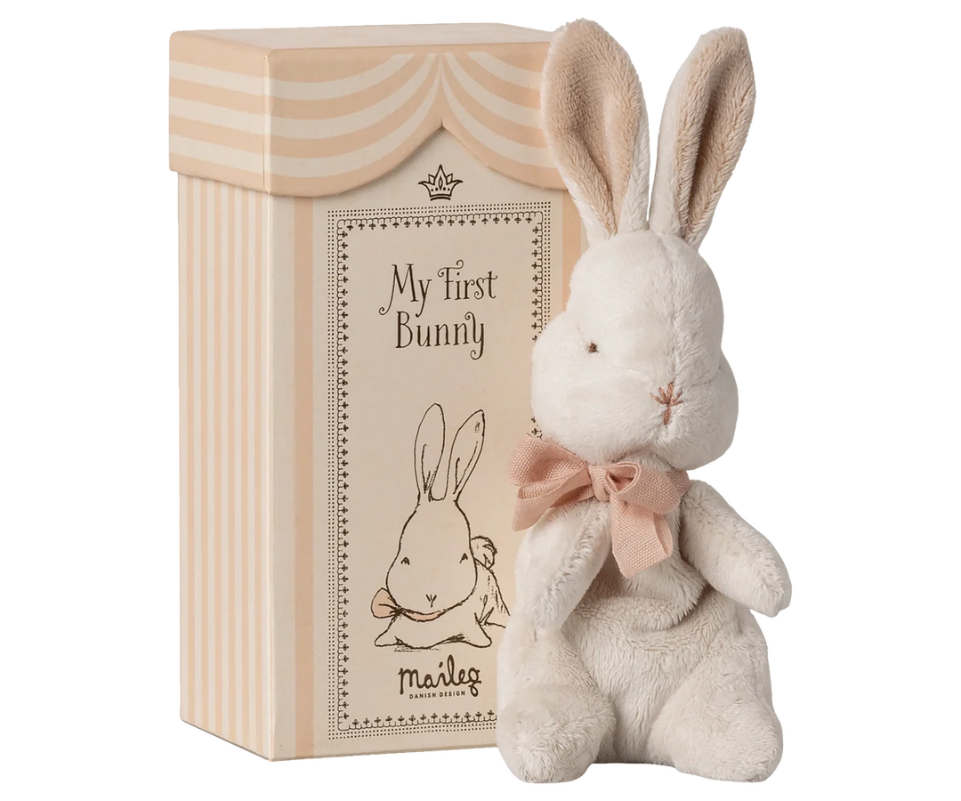 Maileg My First Bunny Powder 19 cm soft plush baby bunny with ribbon and keepsake gift box