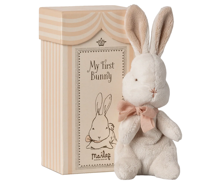 Maileg My First Bunny Powder 19 cm soft plush baby bunny with ribbon and keepsake gift box