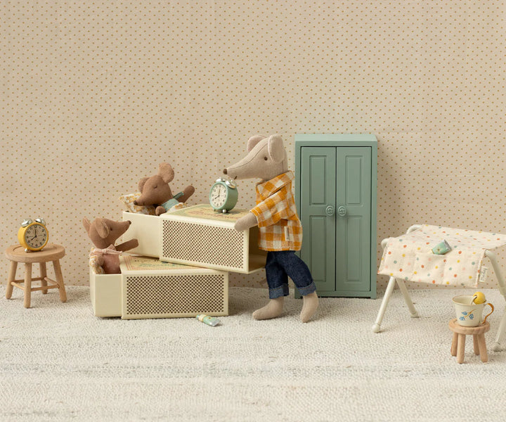 Maileg sleepy wakey baby mouse in decorative matchbox bed