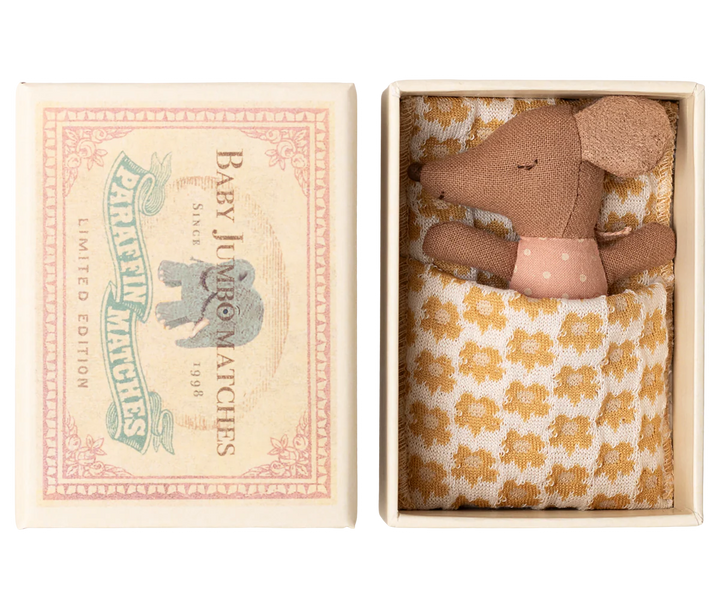 Maileg sleepy wakey baby mouse in decorative matchbox bed