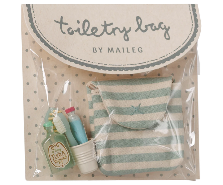 Maileg mouse toothbrush set in coral striped bag with miniature toothbrush, cup, mirror, cream and perfume bottle