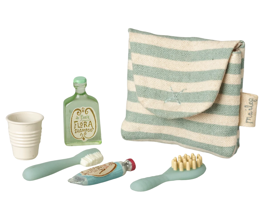 Maileg mouse toothbrush set in coral striped bag with miniature toothbrush, cup, mirror, cream and perfume bottle
