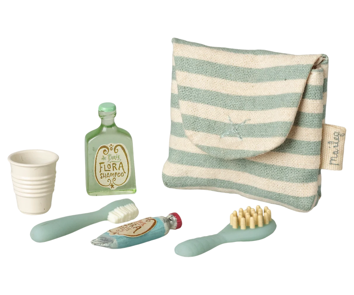 Maileg mouse toothbrush set in coral striped bag with miniature toothbrush, cup, mirror, cream and perfume bottle