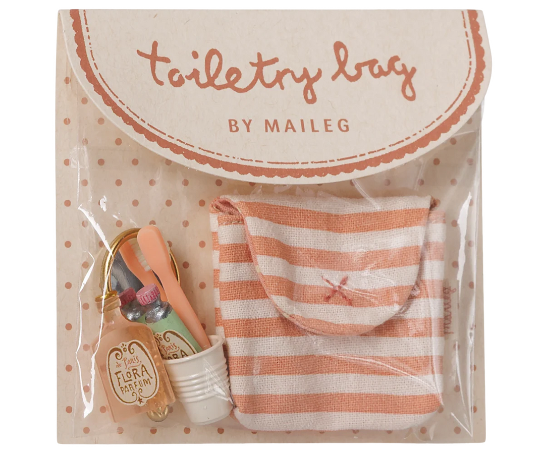 Maileg mouse toothbrush set in coral striped bag with miniature toothbrush, cup, mirror, cream and perfume bottle