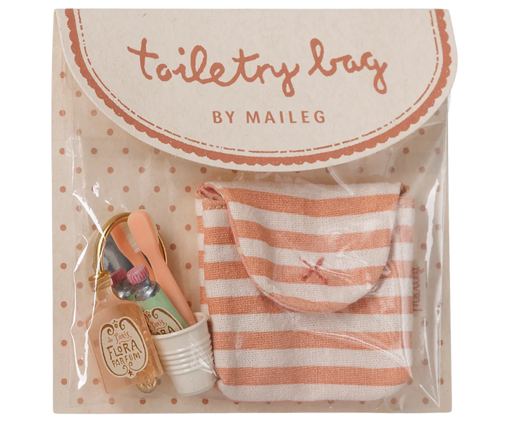 Maileg mouse toothbrush set in coral striped bag with miniature toothbrush, cup, mirror, cream and perfume bottle