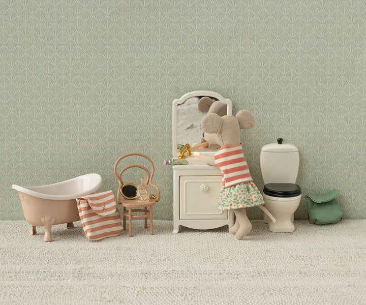 Maileg mouse toothbrush set in coral striped bag with miniature toothbrush, cup, mirror, cream and perfume bottle