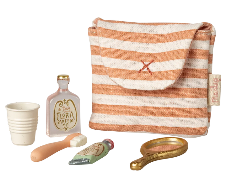 Maileg mouse toothbrush set in coral striped bag with miniature toothbrush, cup, mirror, cream and perfume bottle