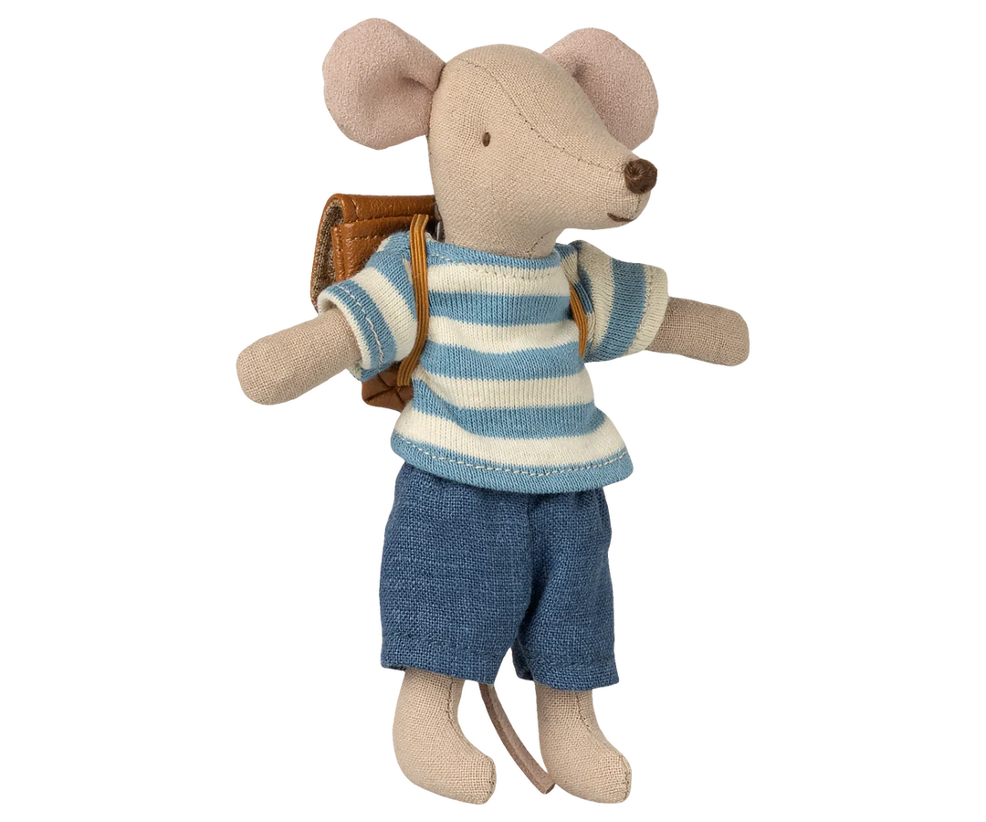 Maileg Big Brother tricycle mouse in brown with backpack and magnetic hands