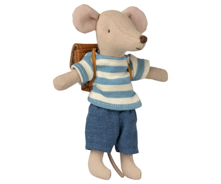 Maileg Big Brother tricycle mouse in brown with backpack and magnetic hands