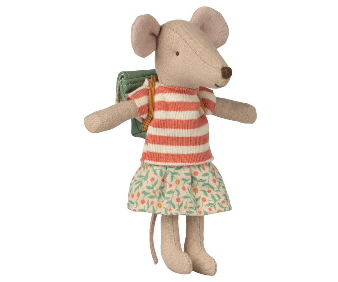 Maileg Big Sister tricycle mouse in green with backpack and magnetic hands