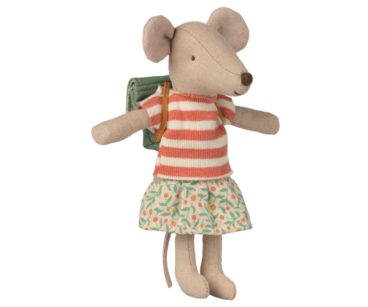 Maileg Big Sister tricycle mouse in green with backpack and magnetic hands
