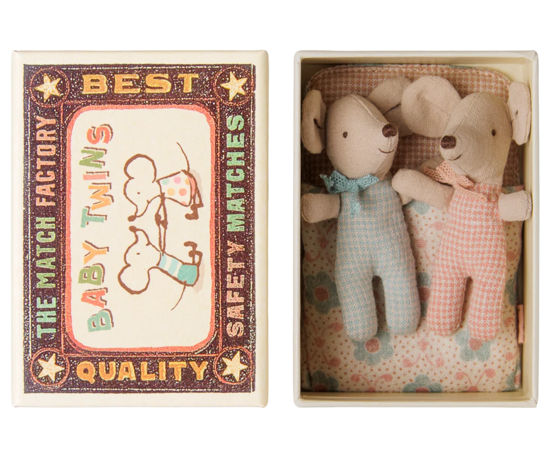 Maileg baby twin mice in checker sleeping bag and matchbox bed