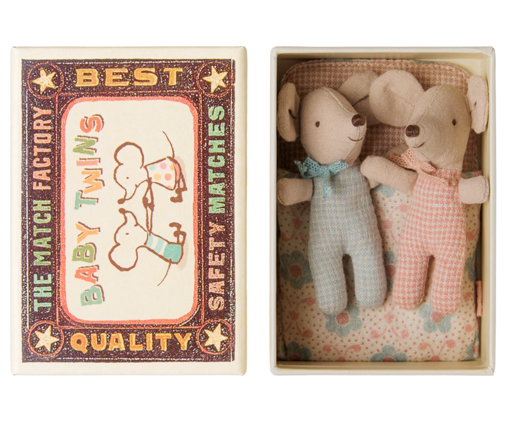 Maileg baby twin mice in checker sleeping bag and matchbox bed