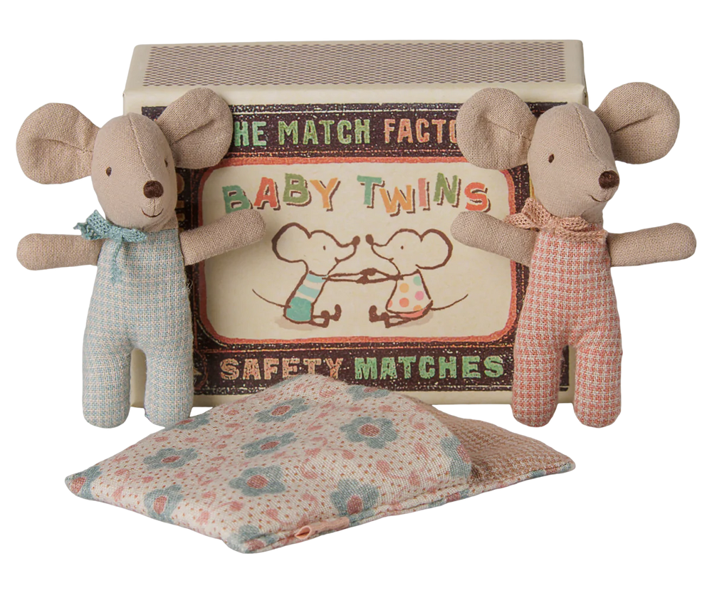 Maileg baby twin mice in checker sleeping bag and matchbox bed