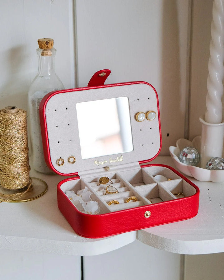 Red travel jewelry box with mirror by Maison Scarlett