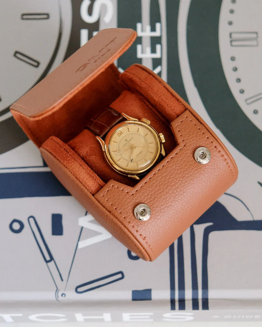 Camel single watch travel box with padded interior by Maison Scarlett