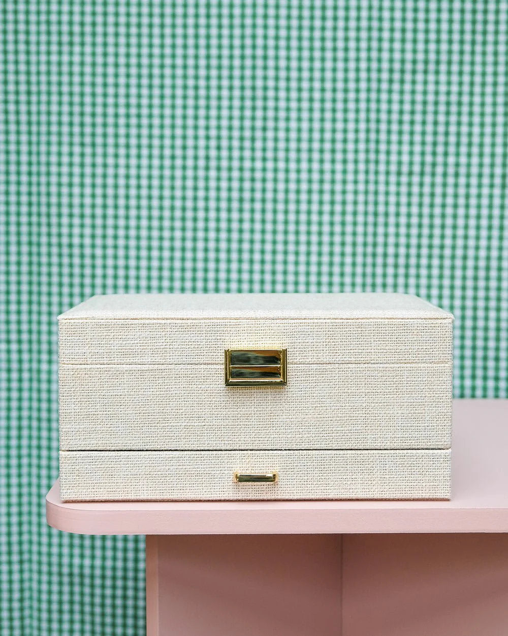 Beige linen jewelry box with organised compartments by Maison Scarlett