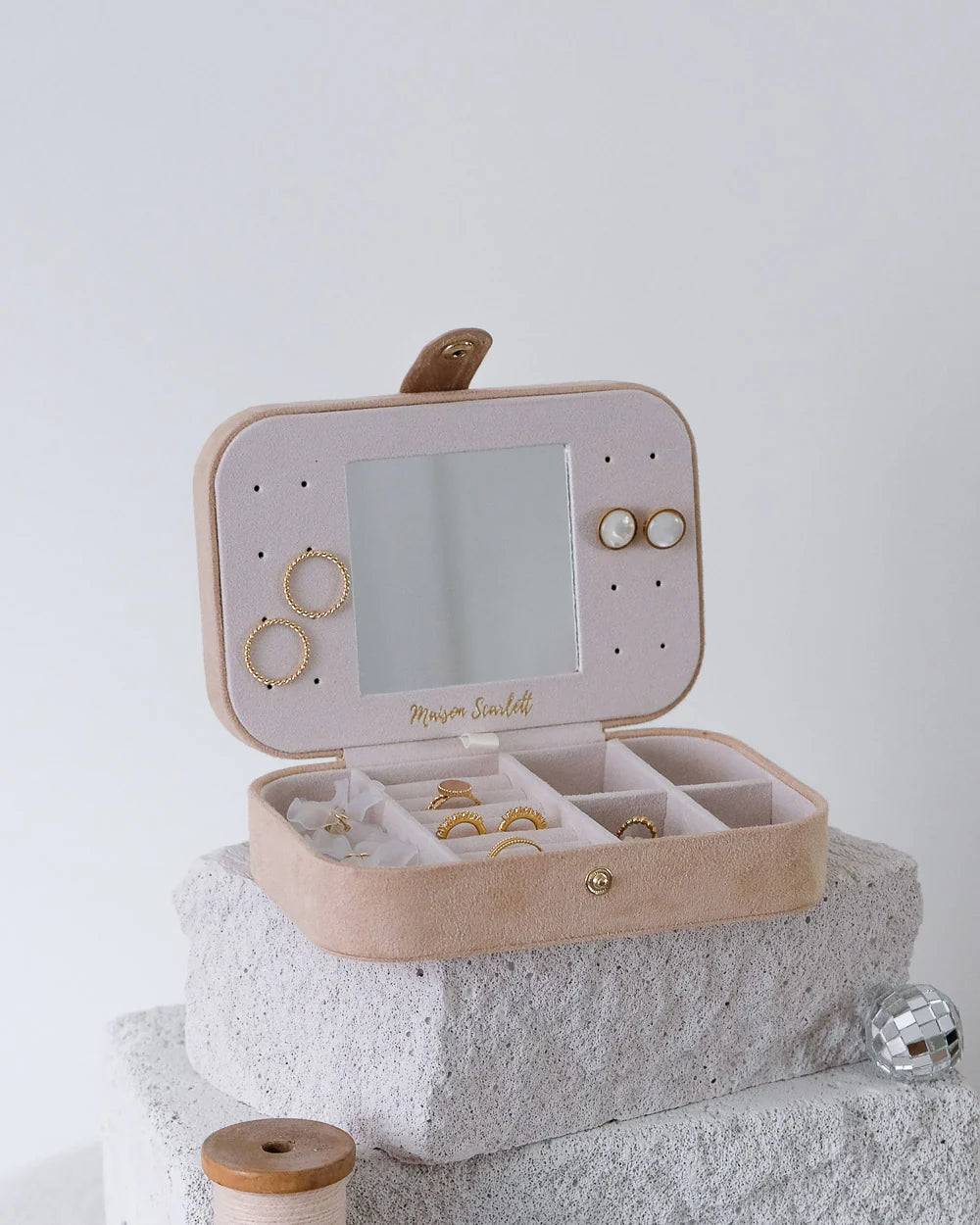 Beige velvet travel jewelry box with mirror by Maison Scarlett