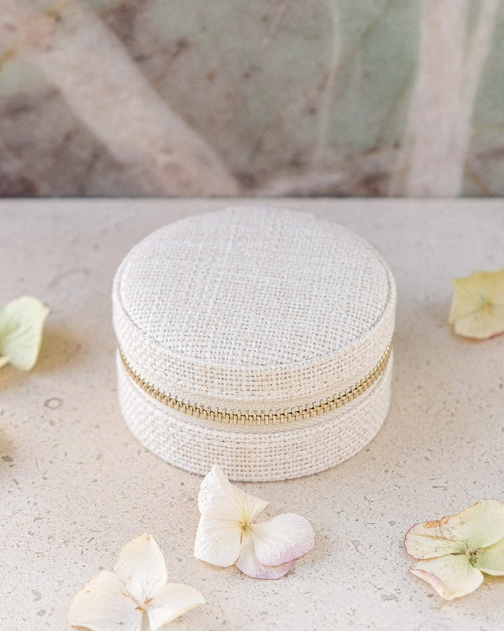 Beige linen travel jewelry box with organised compartments by Maison Scarlett