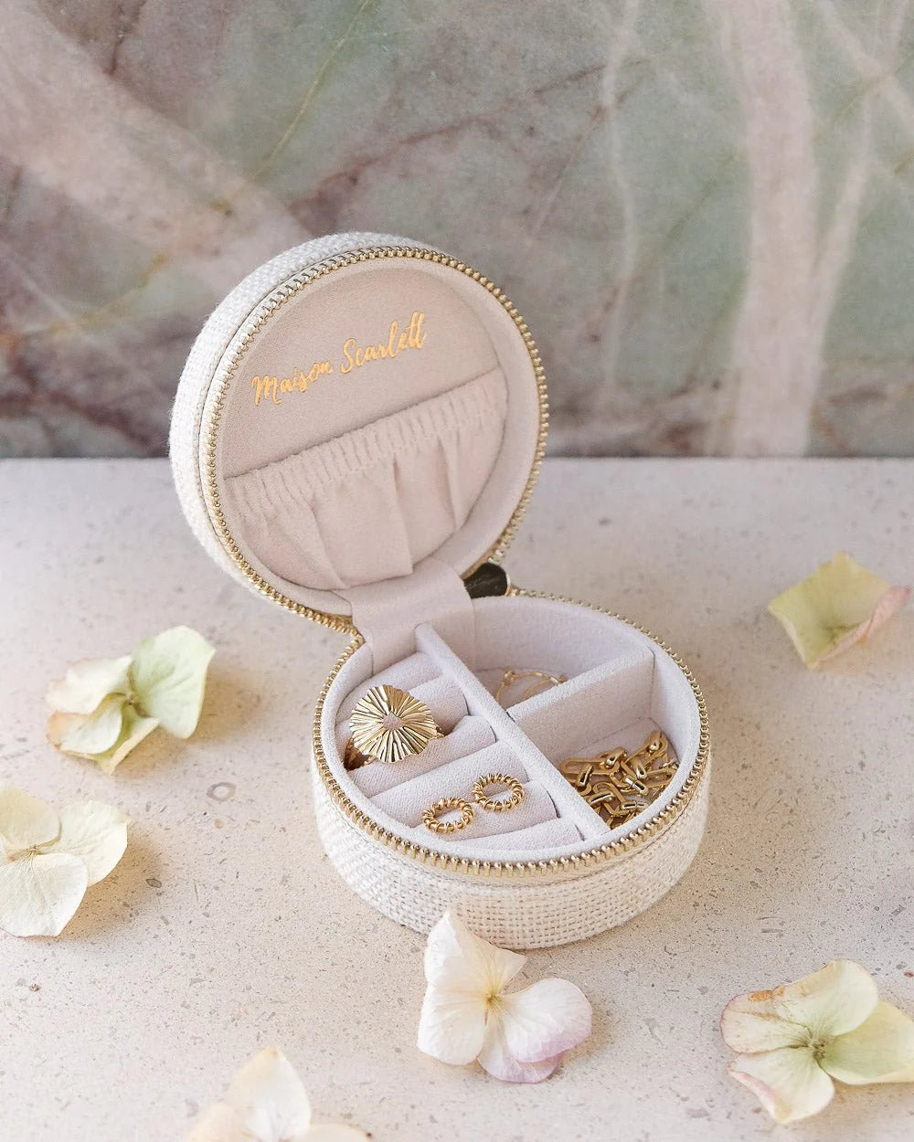 Beige linen travel jewelry box with organised compartments by Maison Scarlett
