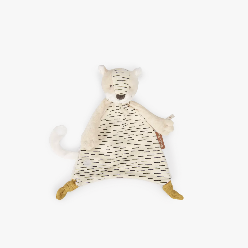 Moulin Roty tiger baby comforter from La Forêt Mawa collection in soft cream plush fabric