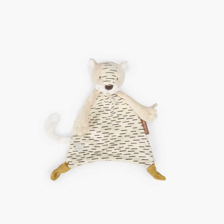 Moulin Roty tiger baby comforter from La Forêt Mawa collection in soft cream plush fabric
