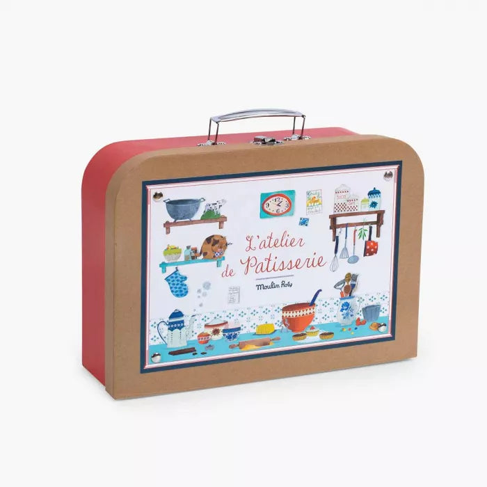 Moulin Roty kids baking set suitcase with wooden baking accessories and retro red case