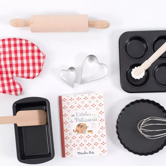 Moulin Roty kids baking set suitcase with wooden baking accessories and retro red case