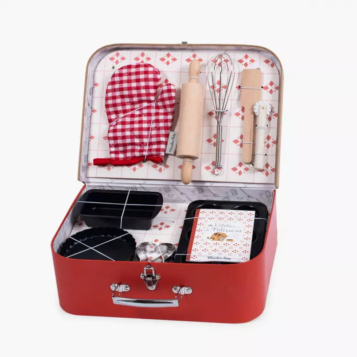 Moulin Roty kids baking set suitcase with wooden baking accessories and retro red case