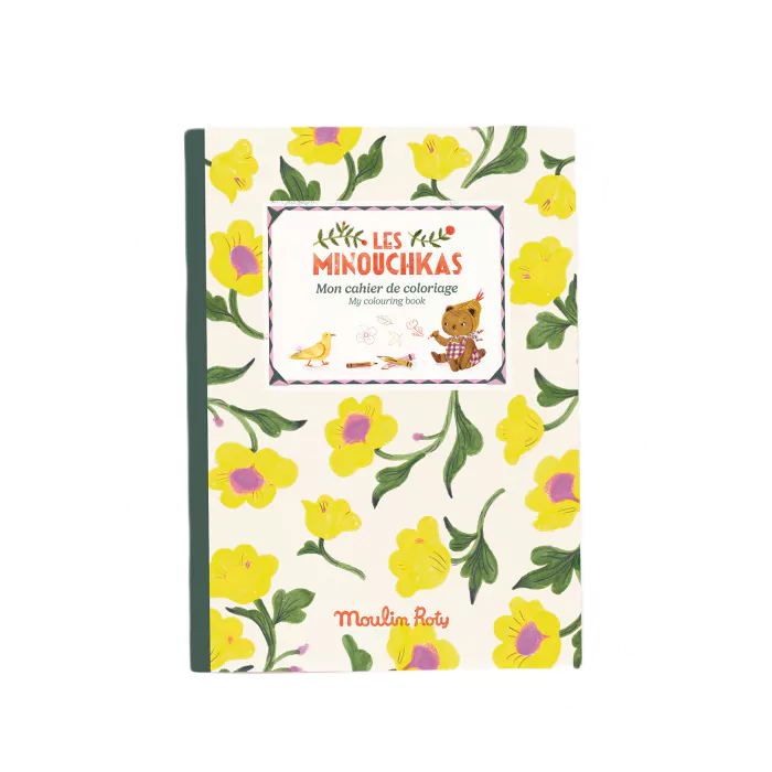 Les Minouchkas kids colouring book by Moulin Roty with floral illustrated cover