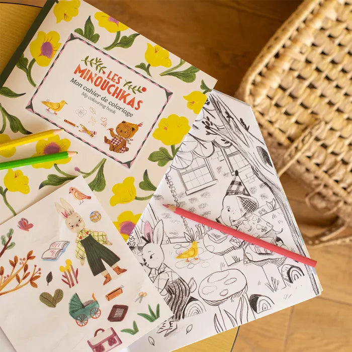 Les Minouchkas kids colouring book by Moulin Roty with floral illustrated cover