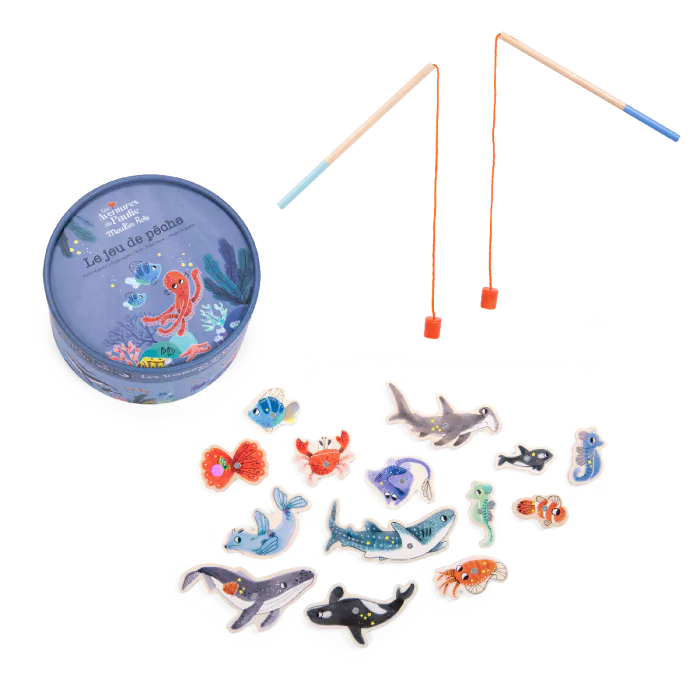 Moulin Roty magnetic fishing game for kids with ocean animals and wooden fishing rods