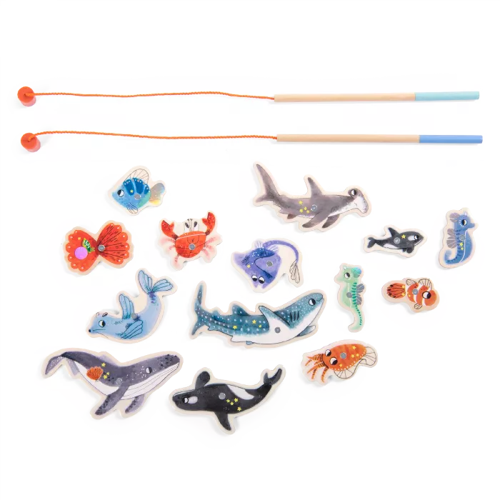 Moulin Roty magnetic fishing game for kids with ocean animals and wooden fishing rods