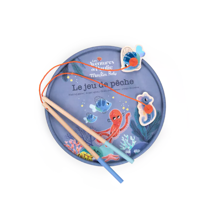 Moulin Roty magnetic fishing game for kids with ocean animals and wooden fishing rods