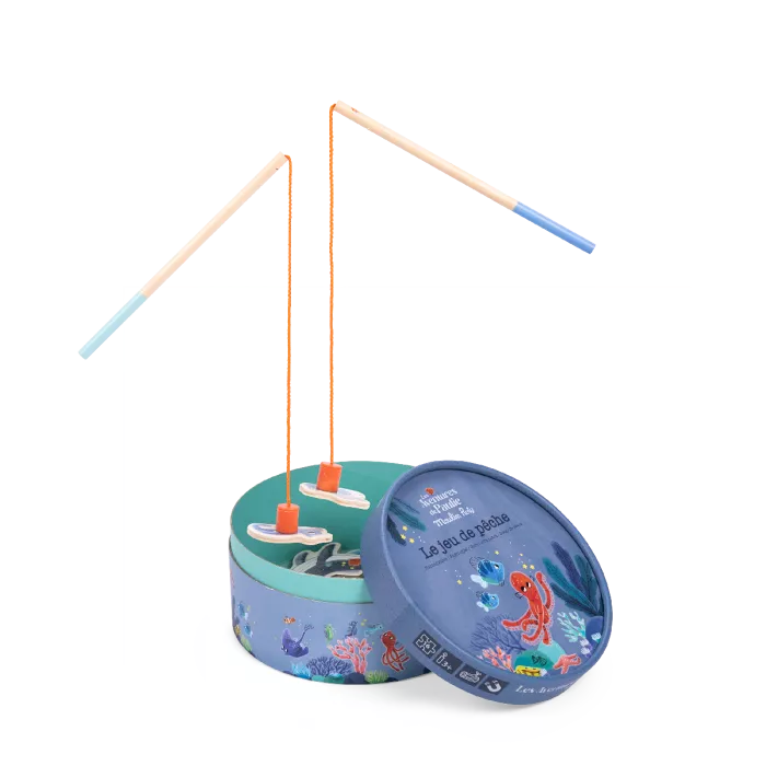 Moulin Roty magnetic fishing game for kids with ocean animals and wooden fishing rods